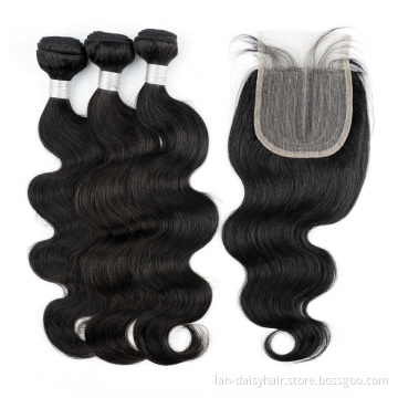 Factory Wholesale Human Hair Body Wave With Lace Closure Human Hair Extensions Bundles With 4*4 T part Closure